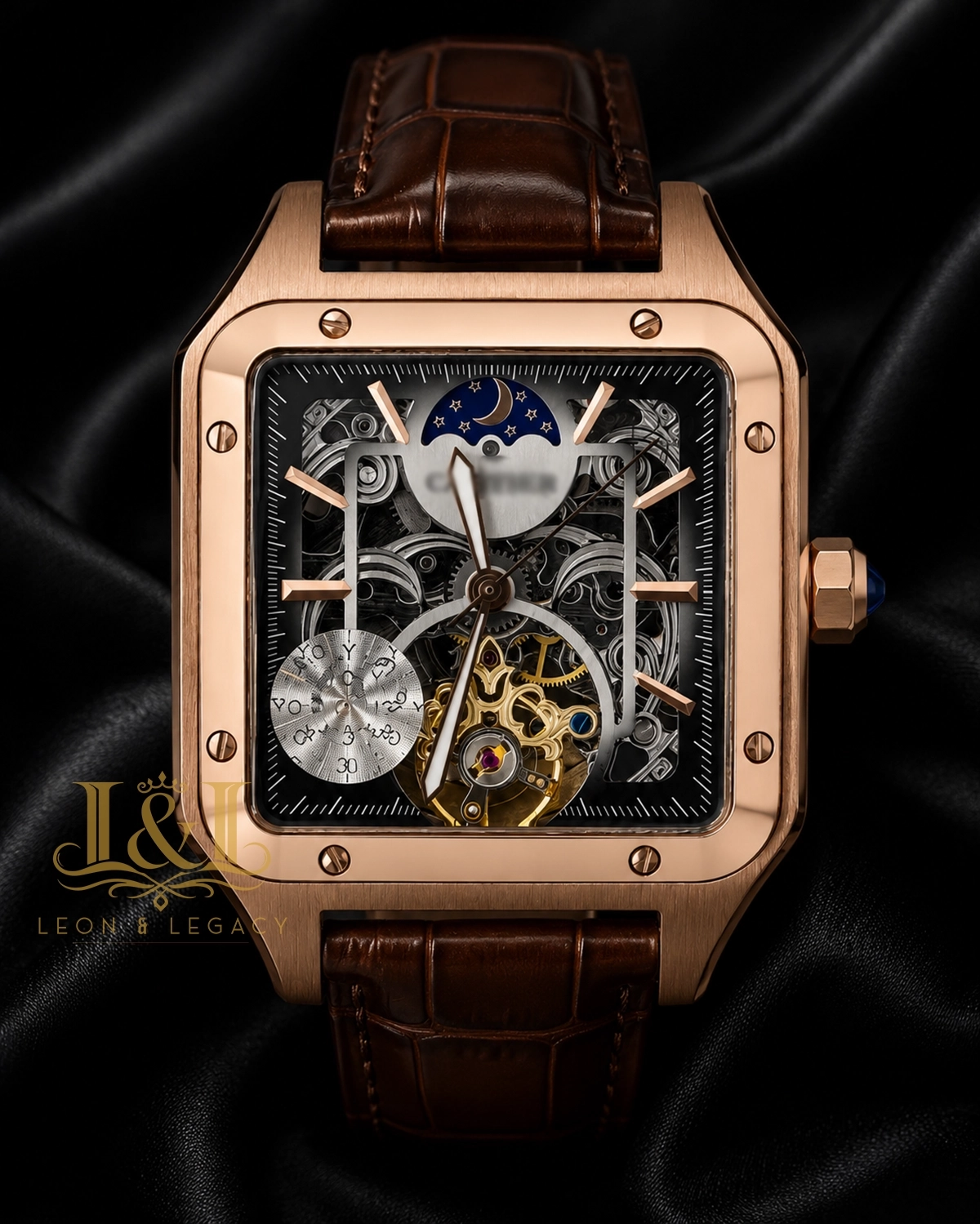 Tourbillon Moon Phase Rose Gold Watch with Skeleton Dial and Brown Leather Strap 1 copy