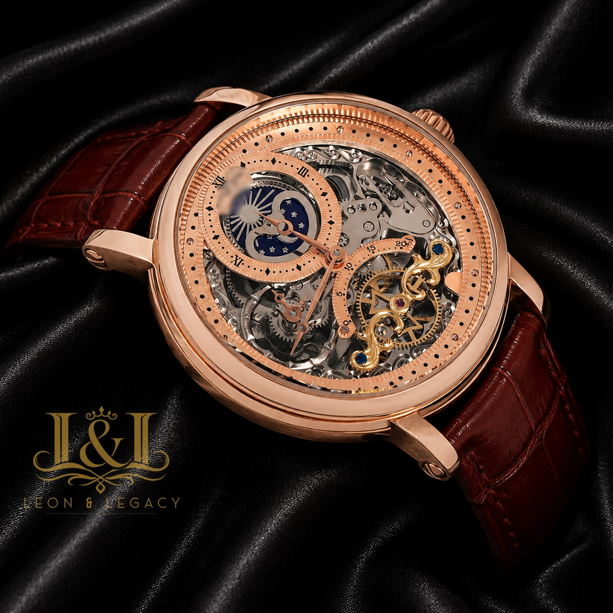 Tourbillon Moon Phase Rose Gold Watch with Skeleton Dial and Brown Leather Strap