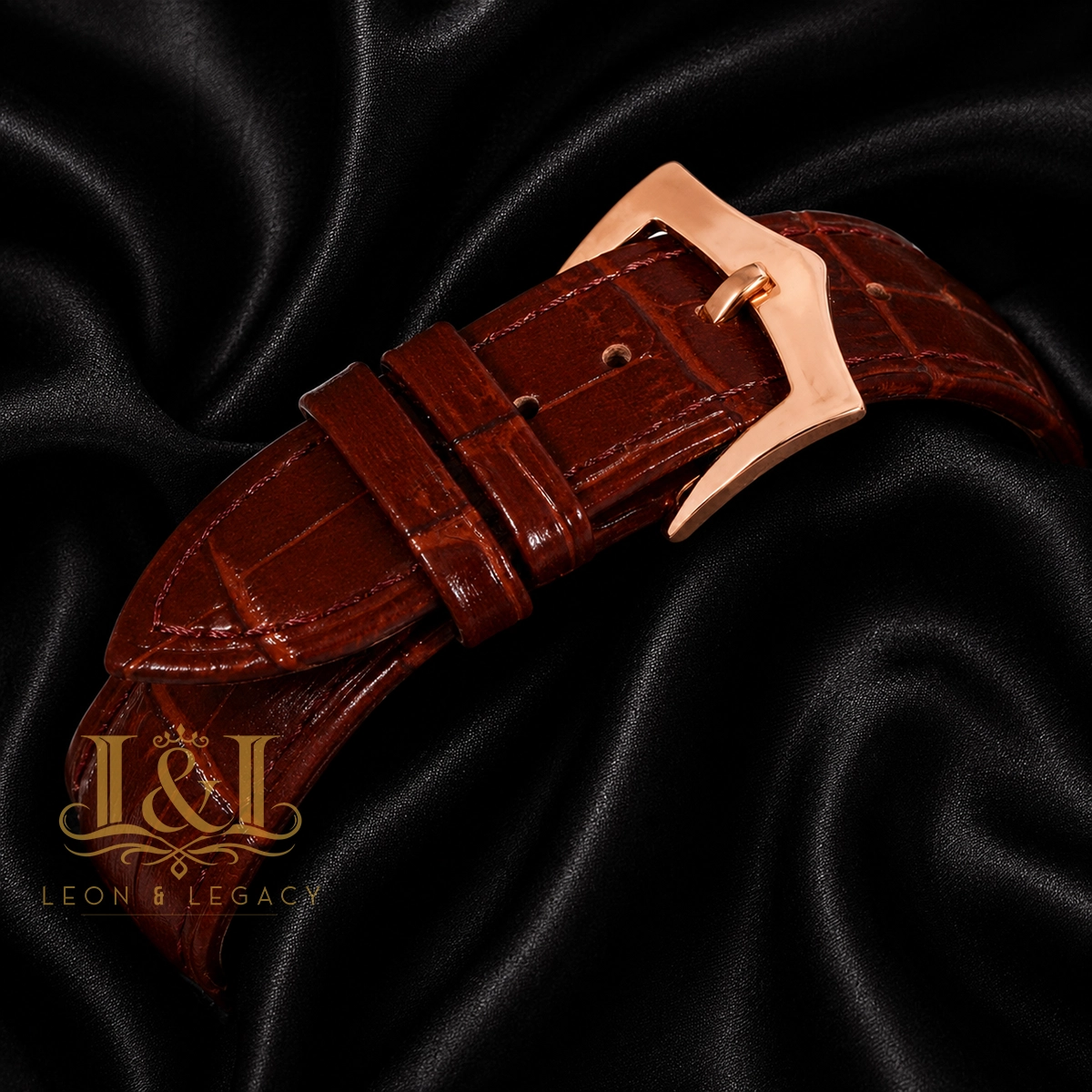 Tourbillon Moon Phase Rose Gold Watch with Skeleton Dial and Brown Leather Strap