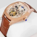 Tourbillon Moon Phase Rose Gold Watch with White Skeleton Dial and Brown Leather Strap