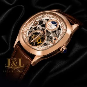 Tourbillon Moon Phase Rose Gold Watch with White Skeleton Dial and Brown Leather Strap