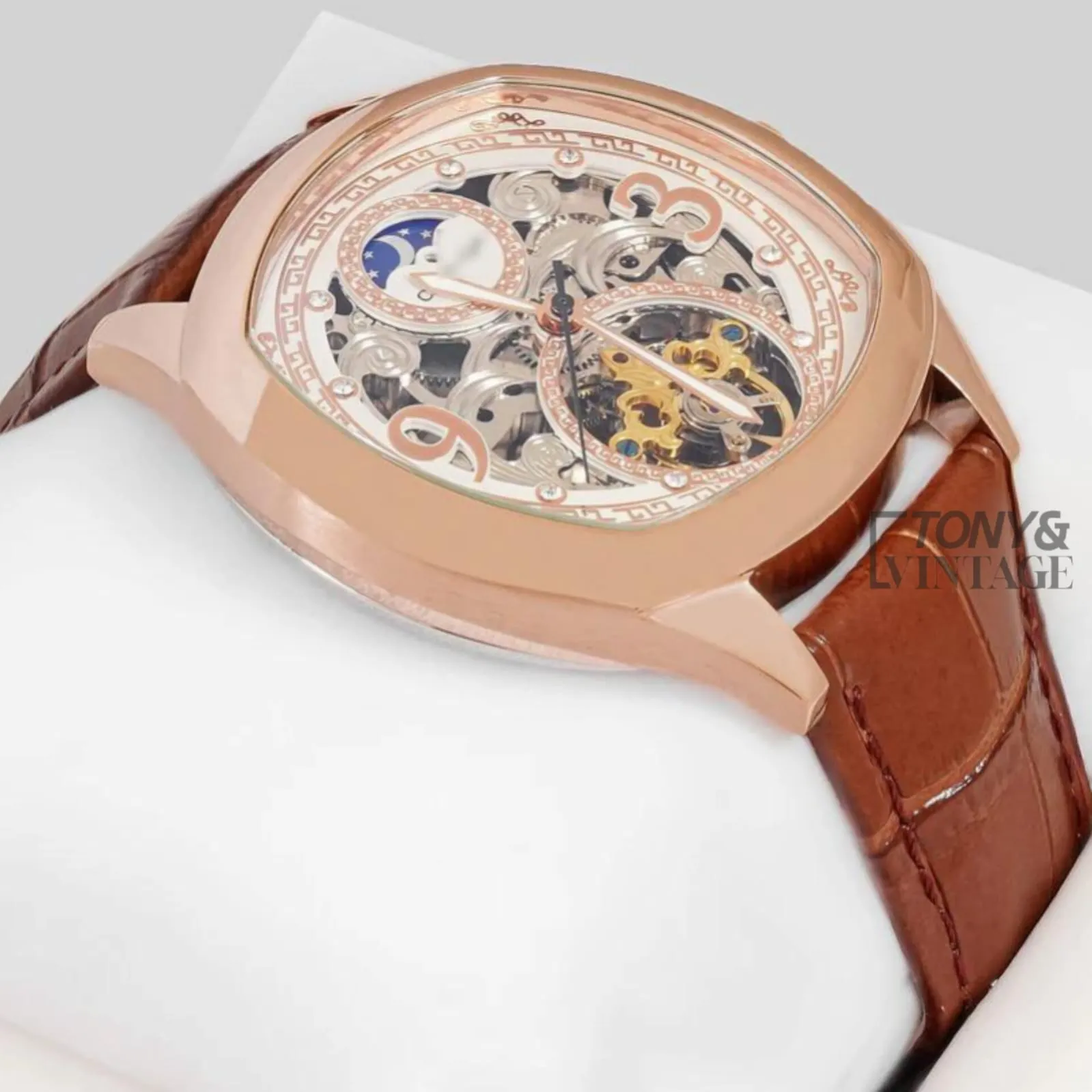 Tourbillon Moon Phase Rose Gold Watch with White Skeleton Dial and Brown Leather Strap