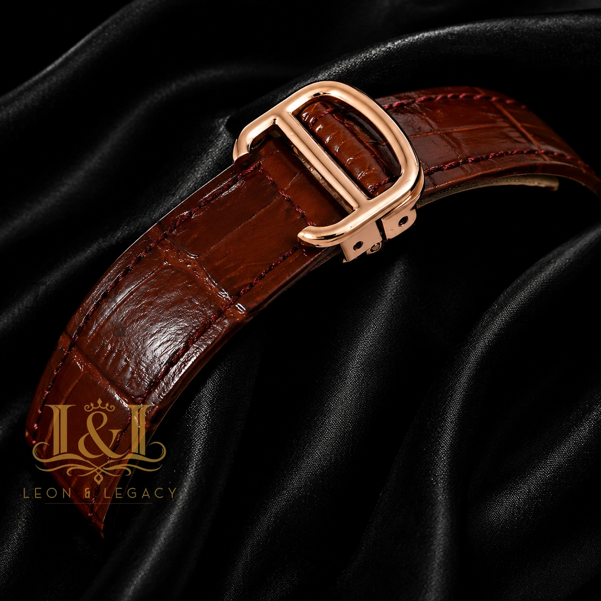 Tourbillon Moon Phase Rose Gold Watch with Skeleton Dial and Brown Leather Strap