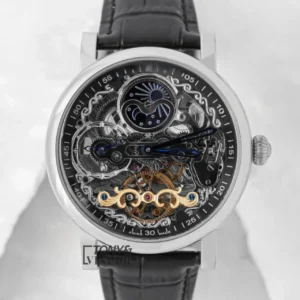 Tourbillon Moon Phase Silver Watch with Black Skeleton Dial and Leather Strap King