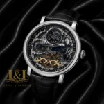 Tourbillon Moon Phase Silver Watch with Black Skeleton Dial and Leather Strap King