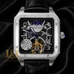 Tourbillon Moon Phase Silver Watch with Skeleton Dial and Black Leather Strap