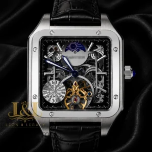 Tourbillon Moon Phase Silver Watch with Skeleton Dial and Black Leather Strap