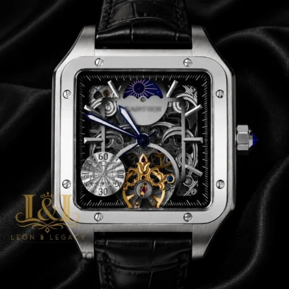 Tourbillon Moon Phase Silver Watch with Skeleton Dial and Black Leather Strap
