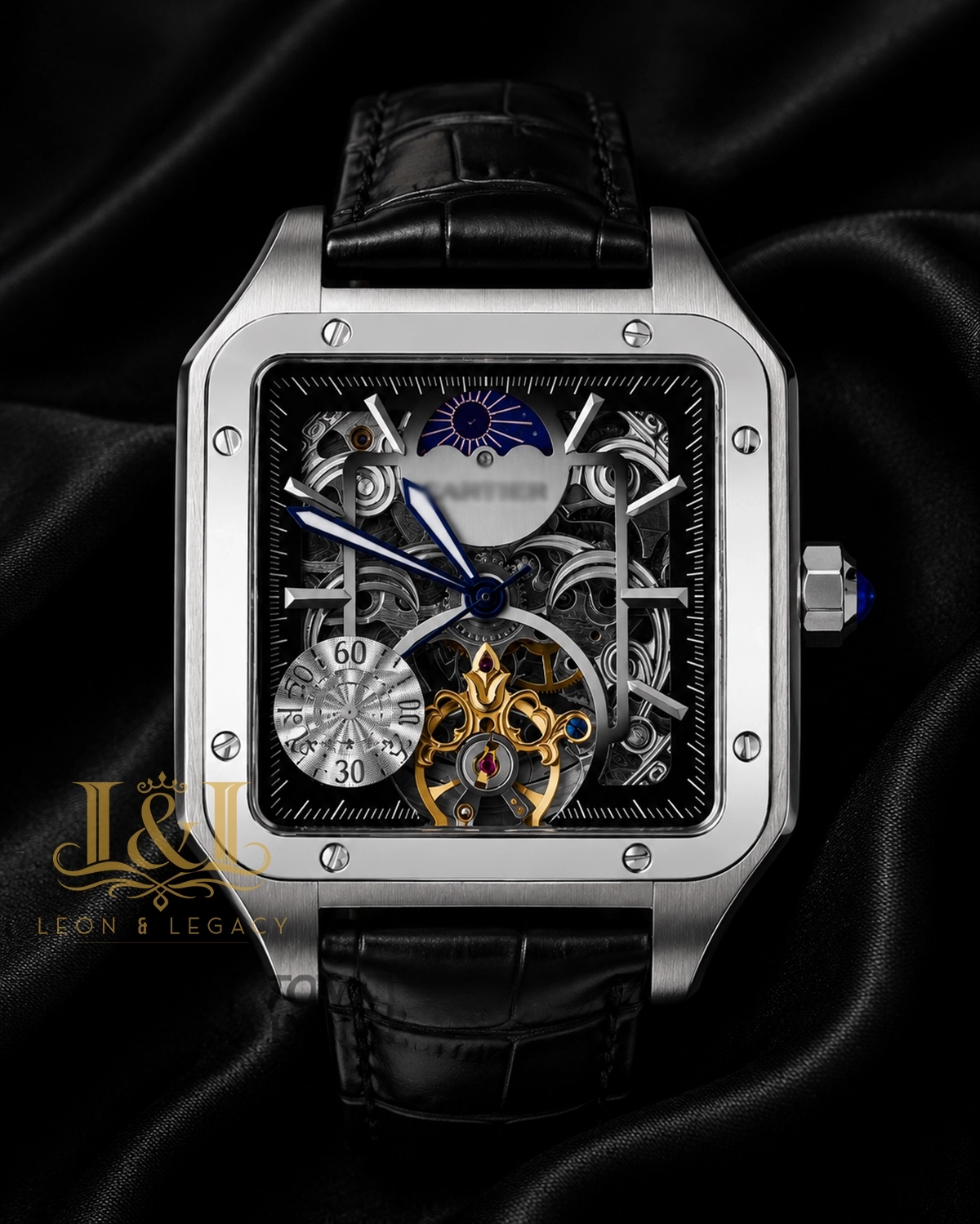 Tourbillon Moon Phase Silver Watch with Skeleton Dial and Black Leather Strap copy
