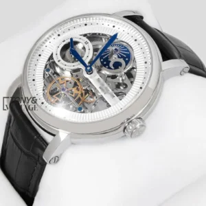 Tourbillon Moon Phase Silver Watch with Skeleton Dial and Leather Strap for Men