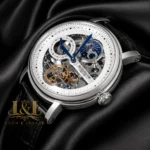 Tourbillon Moon Phase Silver Watch with Skeleton Dial and Leather Strap for Men