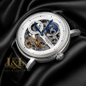 Tourbillon Moon Phase Silver Watch with Skeleton Dial and Leather Strap for Men