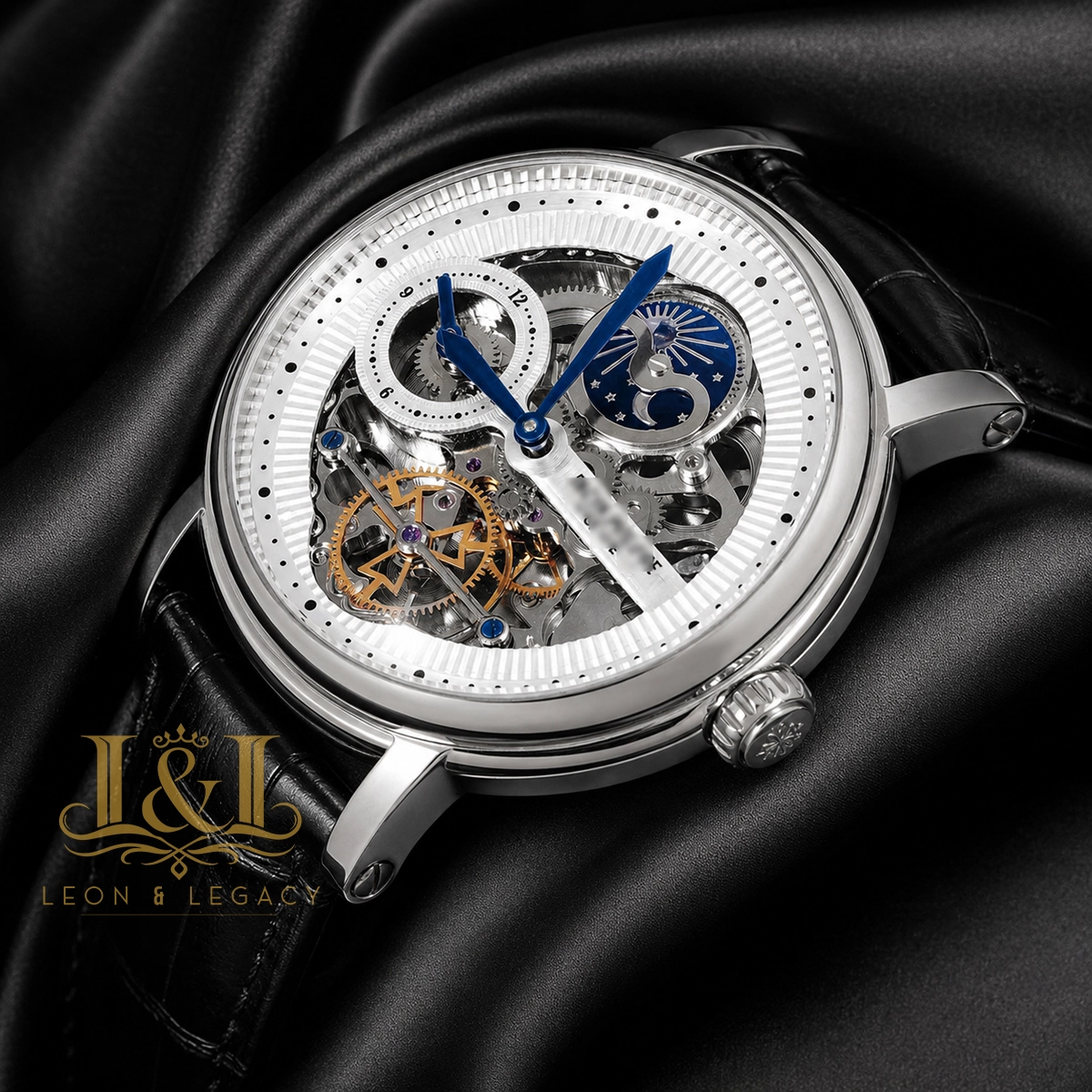 Tourbillon Moon Phase Silver Watch with Skeleton Dial and Leather Strap for Men 1 copy