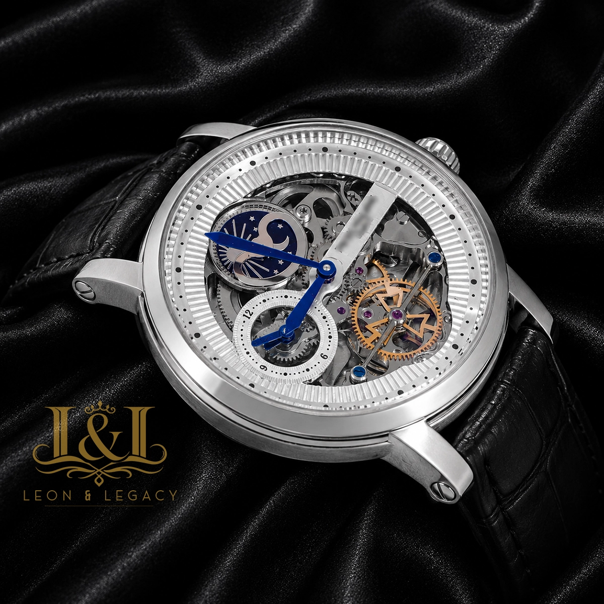 Tourbillon Moon Phase Silver Watch with Skeleton Dial and Leather Strap for Men