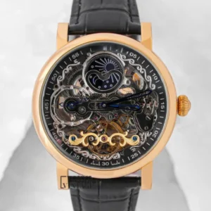 Tourbillon Moon Phase Yellow Gold Watch with Black Skeleton Dial and Leather Strap