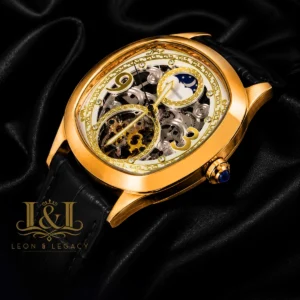 Tourbillon Moon Phase Yellow Gold Watch with White Skeleton Dial and Black Leather Strap