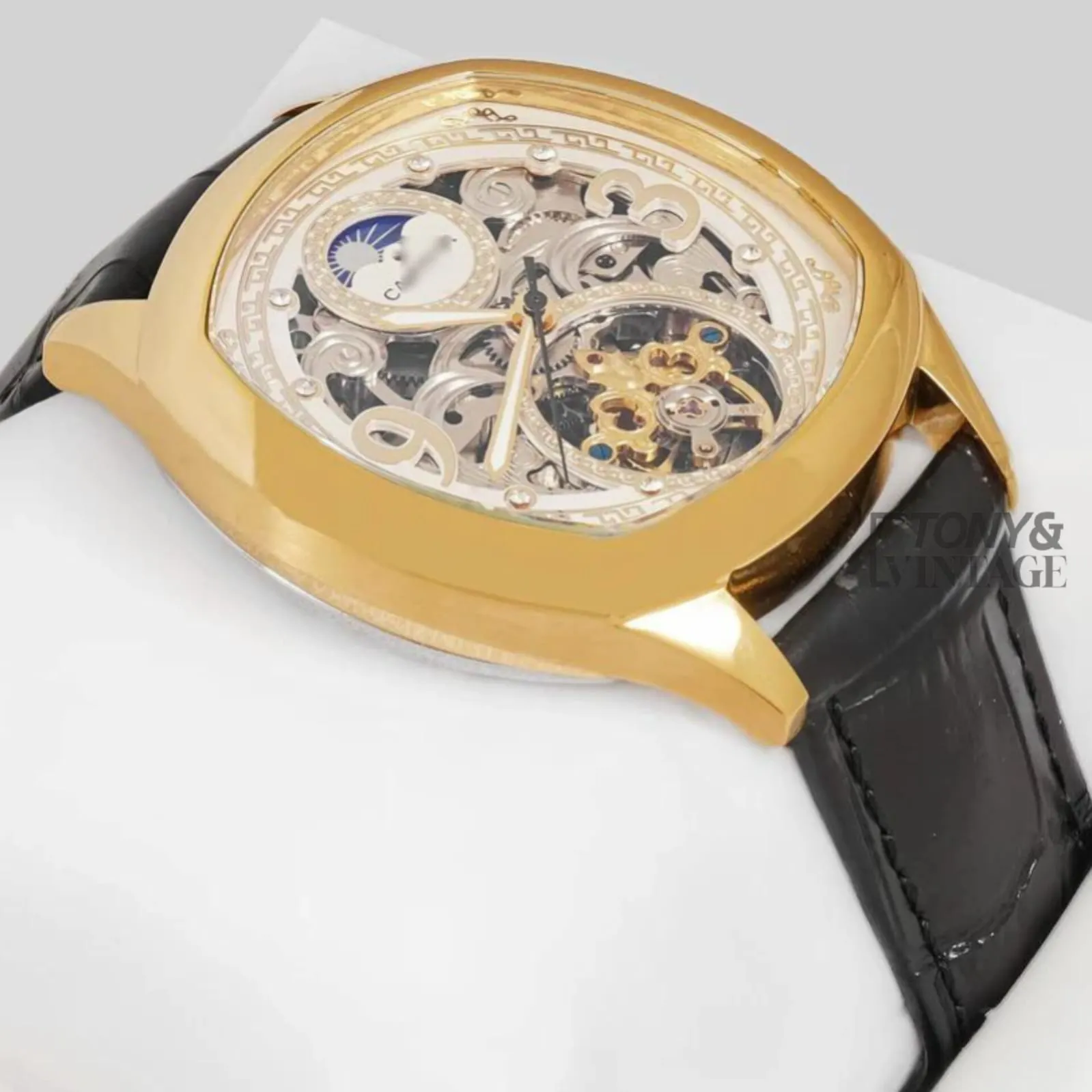 Tourbillon Moon Phase Yellow Gold Watch with White Skeleton Dial and Black Leather Strap