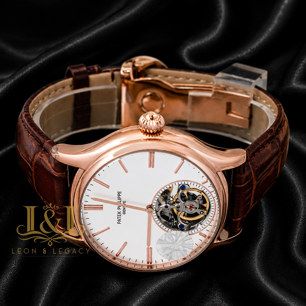 Tourbillon Rose Gold Case With White Dial & Brown Leather Strap