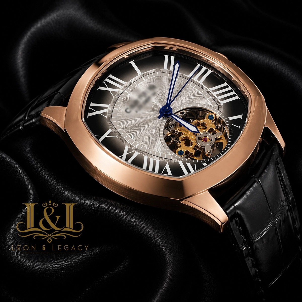 Tourbillon Rose Gold Watch With Brown Dial and Leather Strap