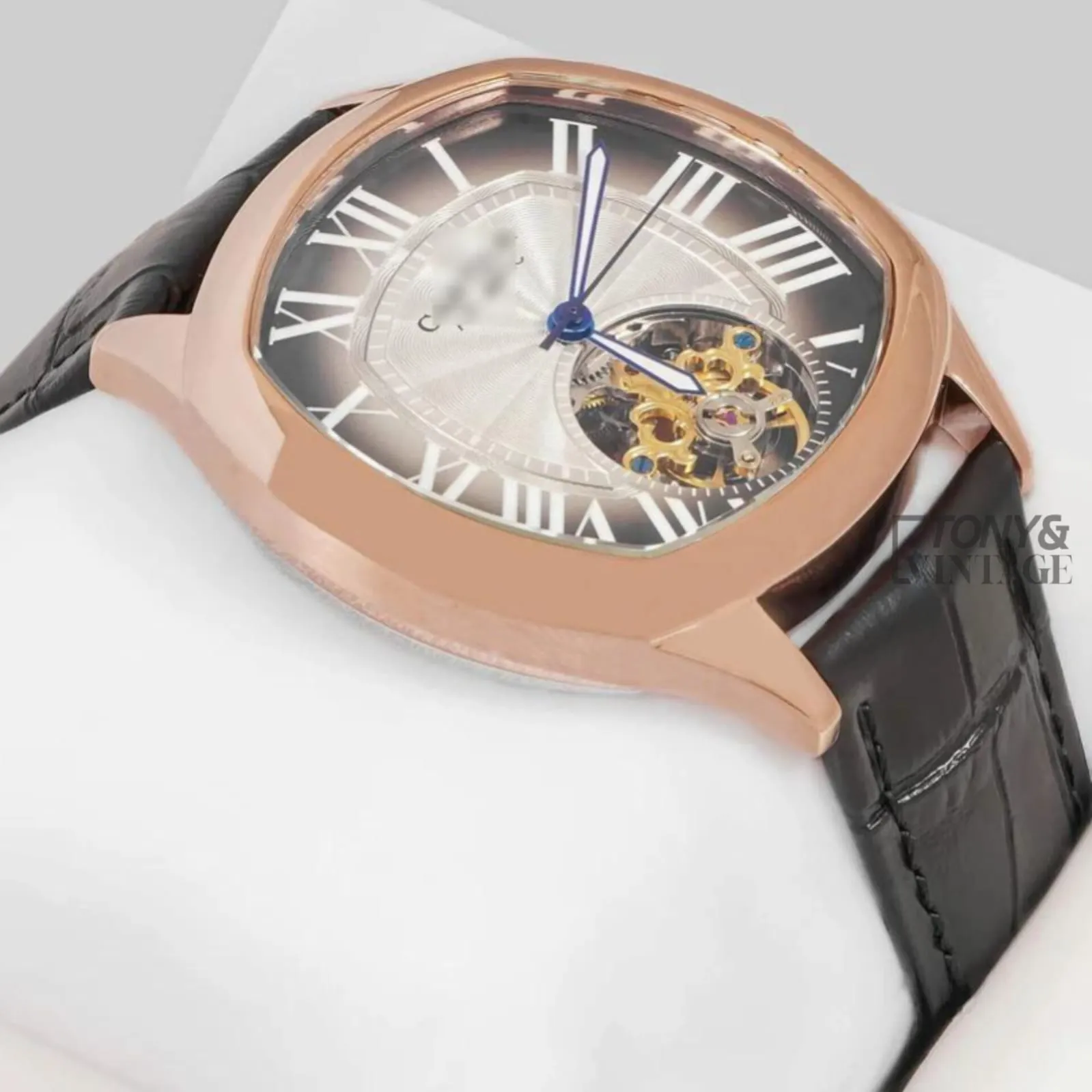 Tourbillon Rose Gold Watch With Brown Dial and Leather Strap