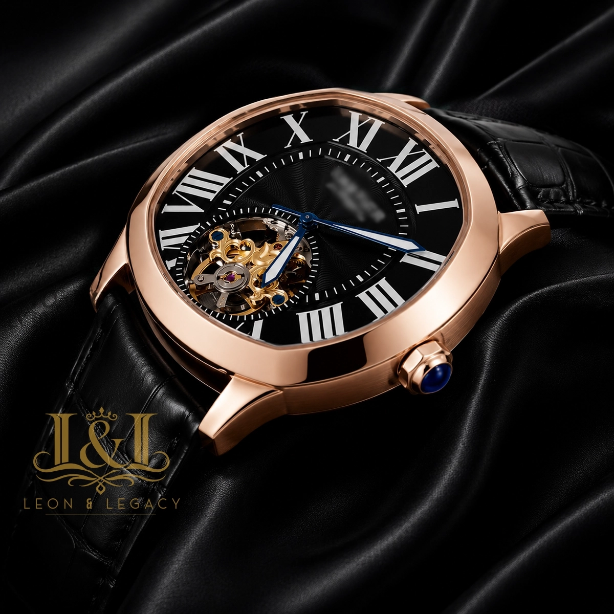 Tourbillon Rose Gold Watch with Black Dial and Leather Strap 1 copy