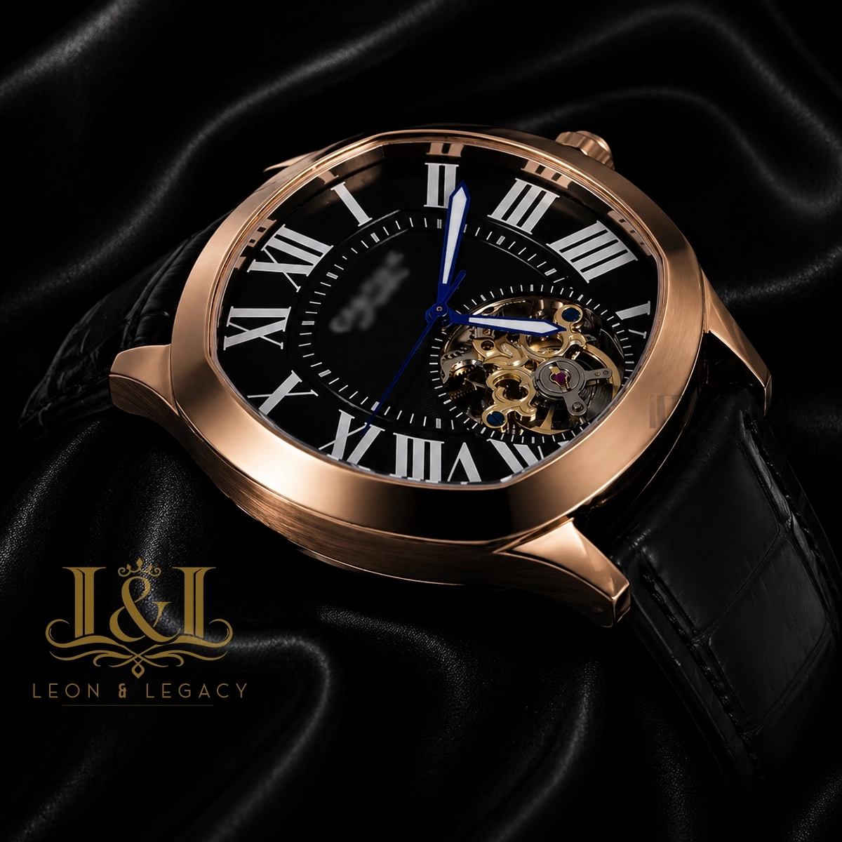 Tourbillon Rose Gold Watch with Black Dial and Leather Strap