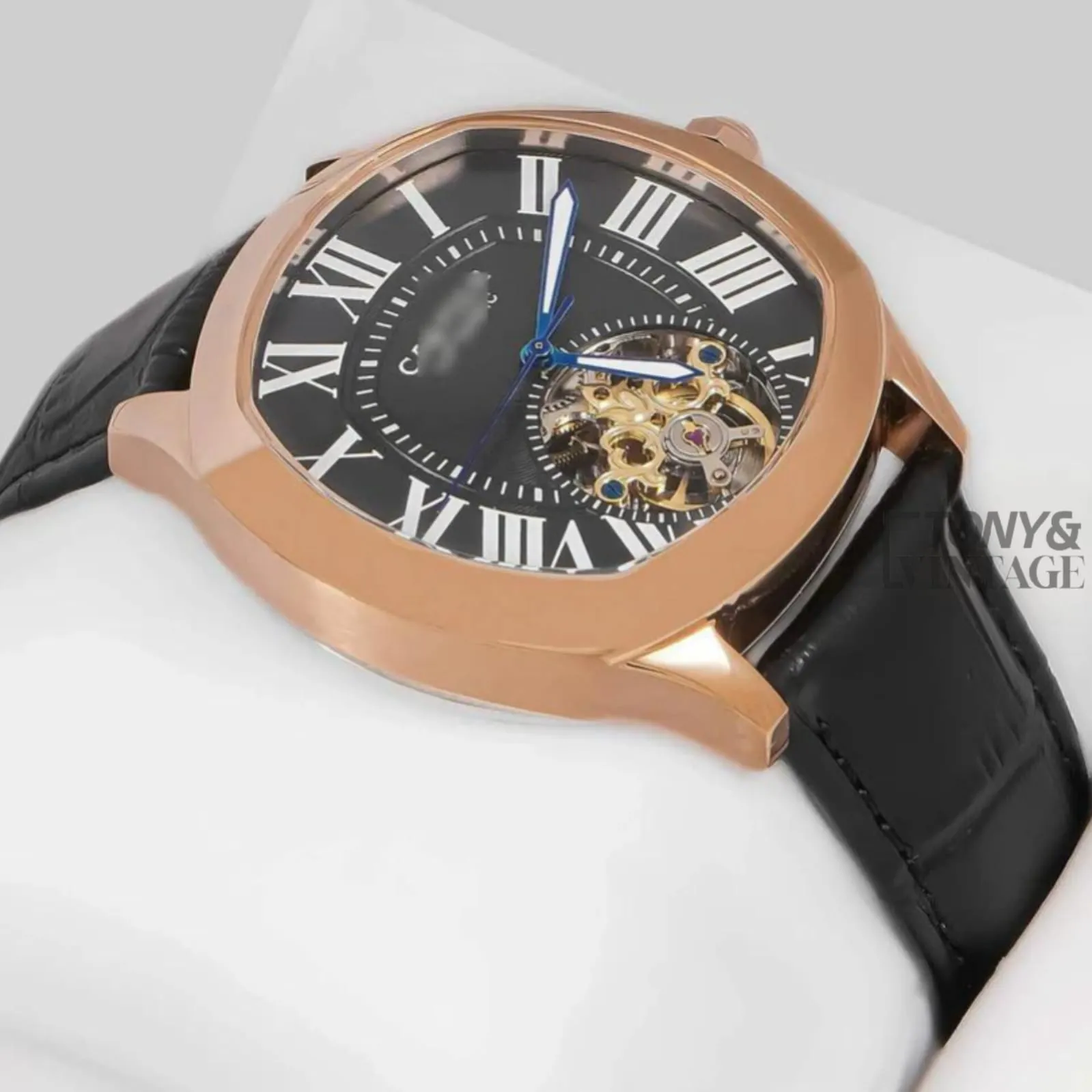 Tourbillon Rose Gold Watch with Black Dial and Leather Strap