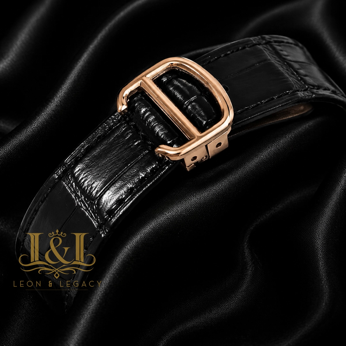 Tourbillon Rose Gold Watch with Black Dial and Leather Strap