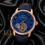 Tourbillon Rose Gold Watch with Blue Dial and Leather Strap