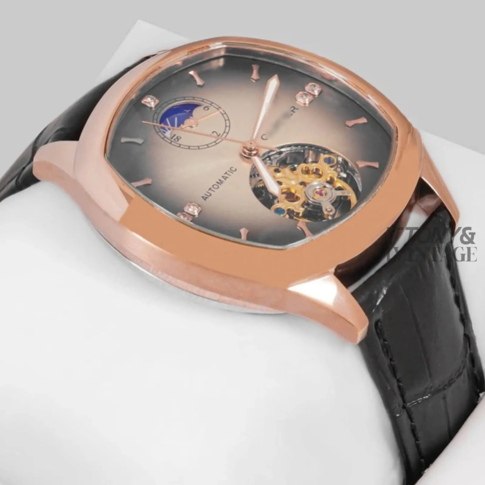 Tourbillon Rose Gold Watch with Brown Dial and Black Leather Strap