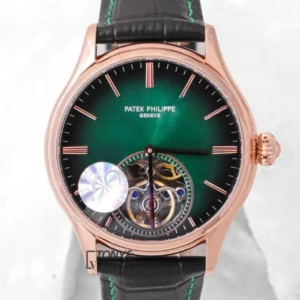 Tourbillon Rose Gold Watch with Green Dial and Black Leather Strap
