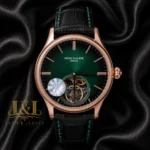 Tourbillon Rose Gold Watch with Green Dial and Black Leather Strap