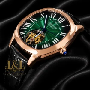 Tourbillon Rose Gold Watch with Green Dial and Leather Strap