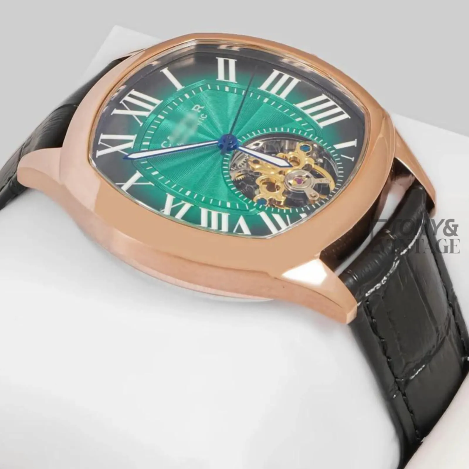 Tourbillon Rose Gold Watch with Green Dial and Leather Strap