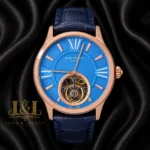Tourbillon Rose Gold Watch with Sky Blue Dial and Leather Strap