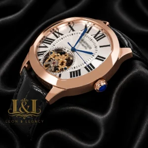 Tourbillon Rose Gold Watch with White Dial and Black Leather Strap