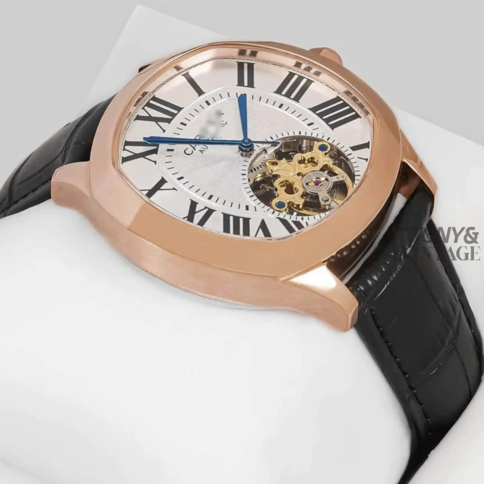 Tourbillon Rose Gold Watch with White Dial and Black Leather Strap