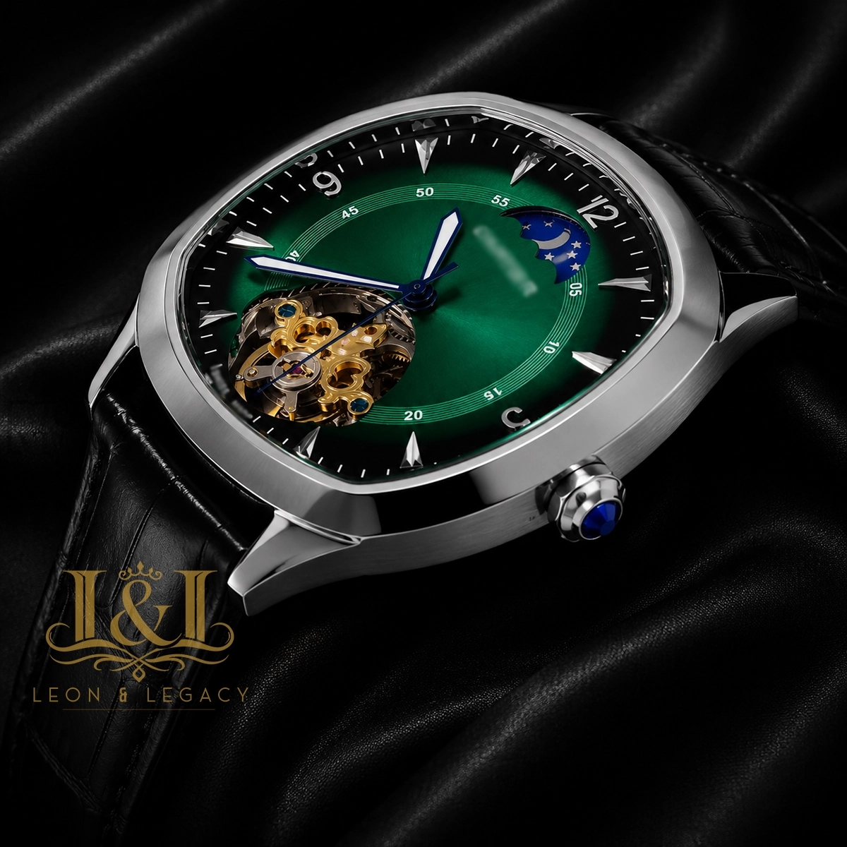 Tourbillon Silver Case Watch With Green Dial and Black Leather Strap 1 copy