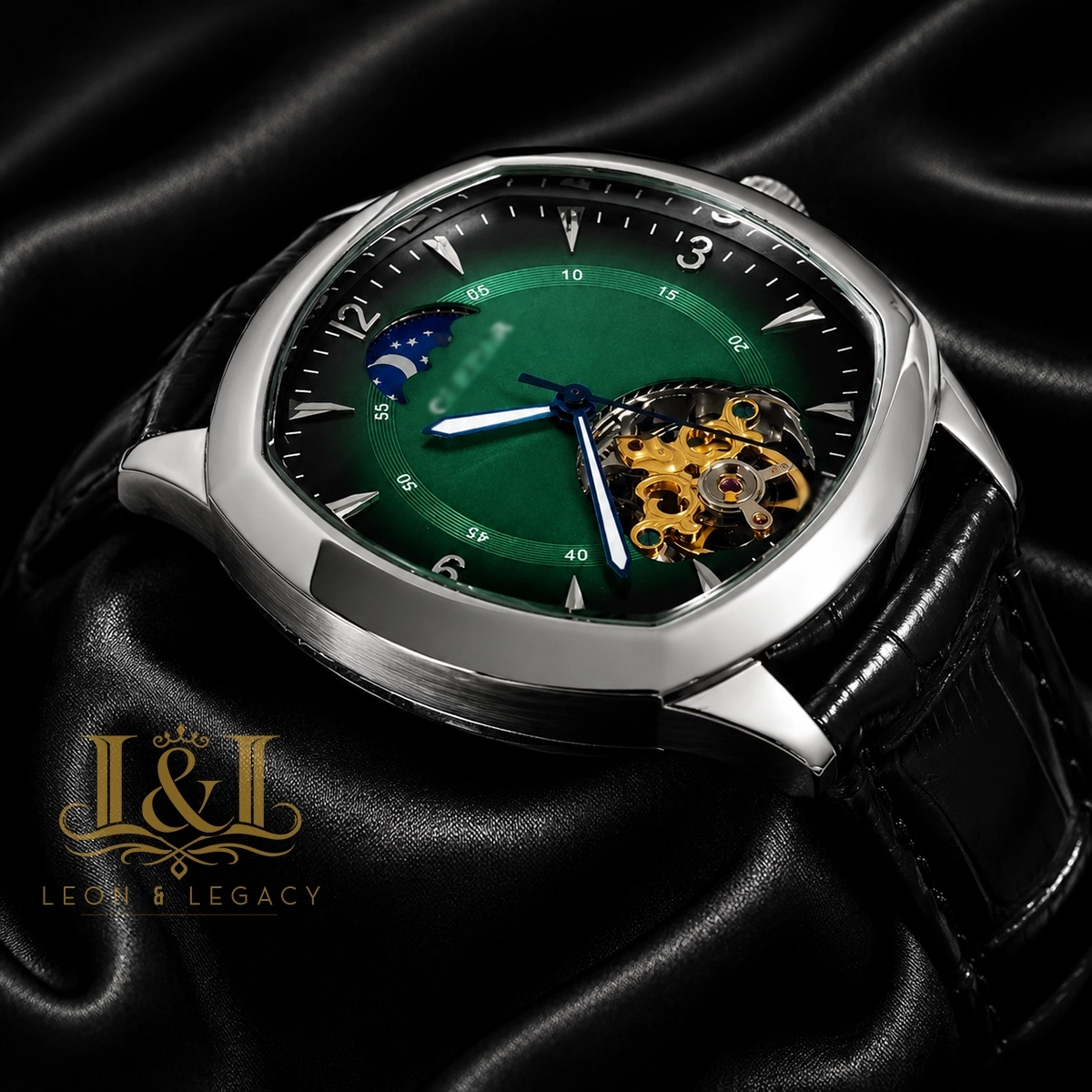 Tourbillon Silver Watch with Green Dial and Black Leather Strap