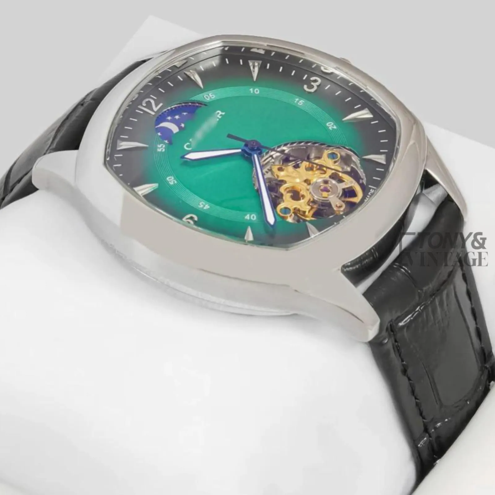 Tourbillon Silver Case Watch With Green Dial and Black Leather Strap