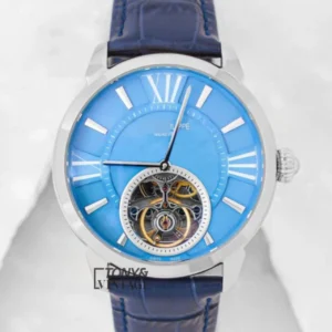 Tourbillon Silver Case With Sky Blue Dial & Leather Strap