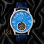 Tourbillon Silver Case With Sky Blue Dial & Leather Strap