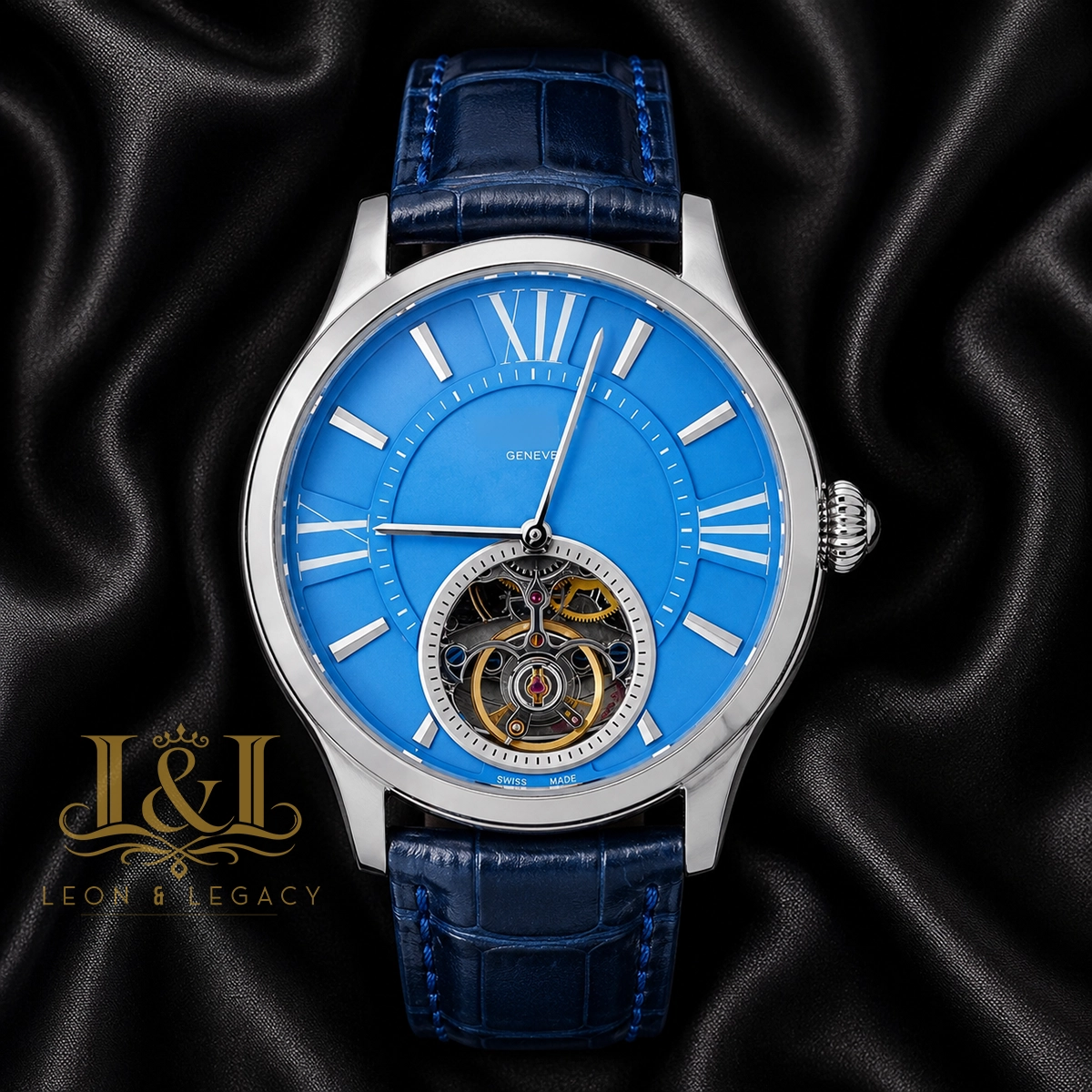 Tourbillon Silver Case With Sky Blue Dial & Leather Strap 1 copy