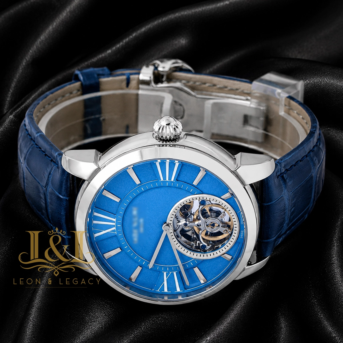Tourbillon Silver Case With Sky Blue Dial & Leather Strap