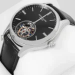 Tourbillon Silver Watch with Black Dial and Leather Strap