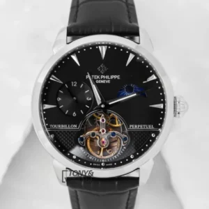 Tourbillon Silver Watch with Black Dial and Leather Strap