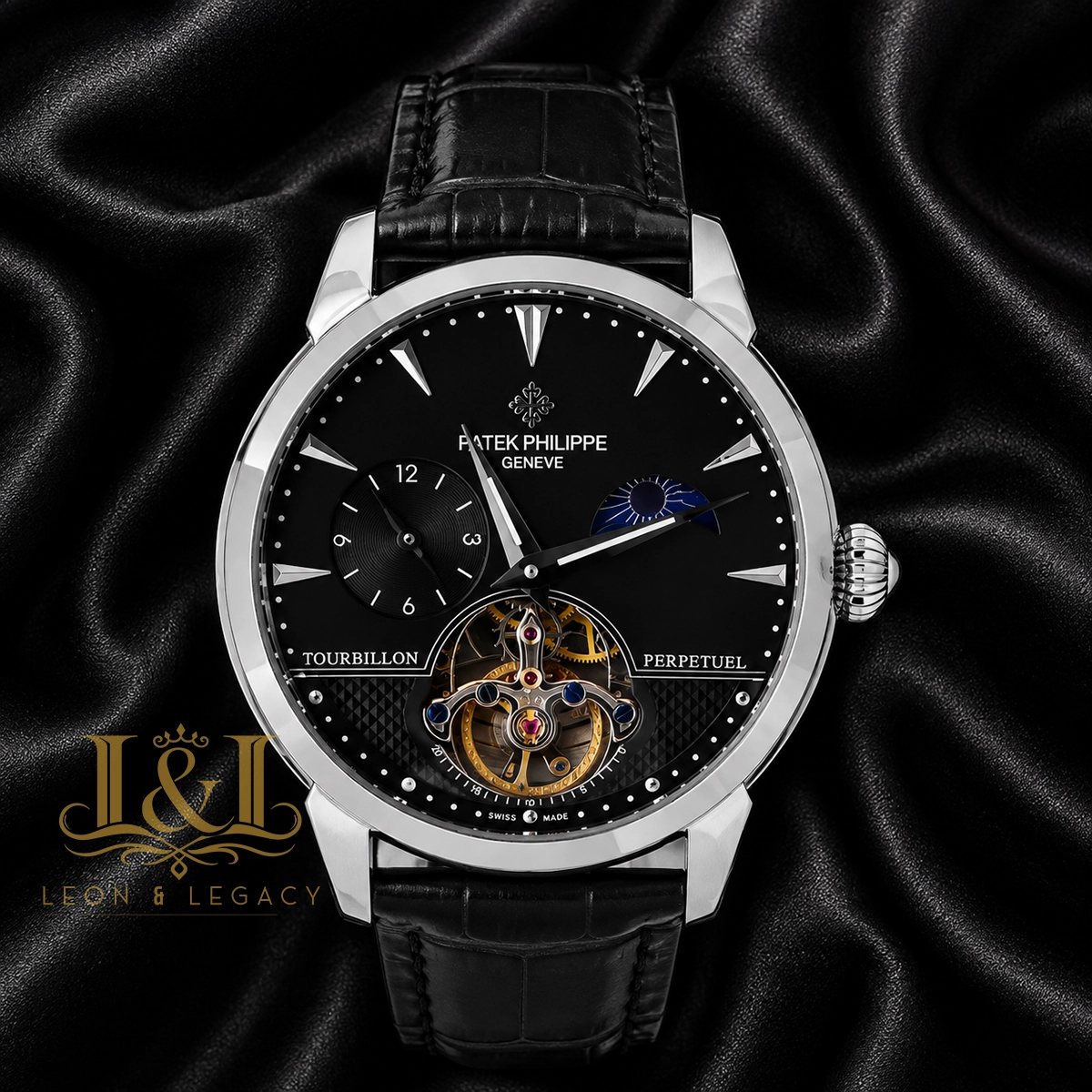 Tourbillon Silver Watch with Black Dial and Leather Strap 1 copy