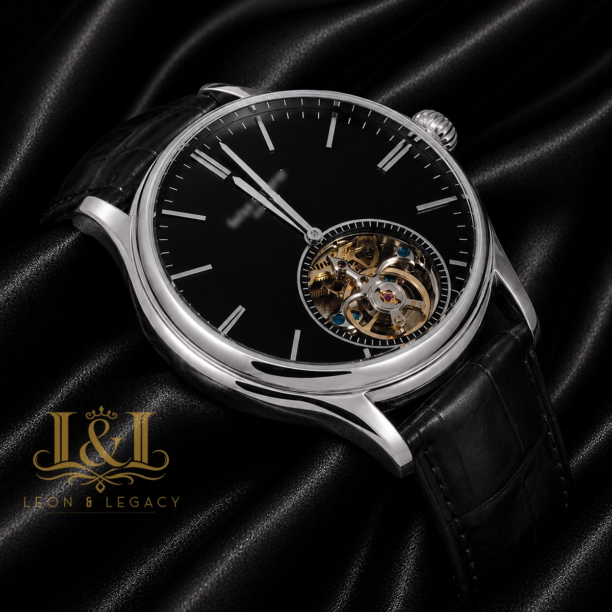 Tourbillon Silver Watch with Black Dial and Leather Strap