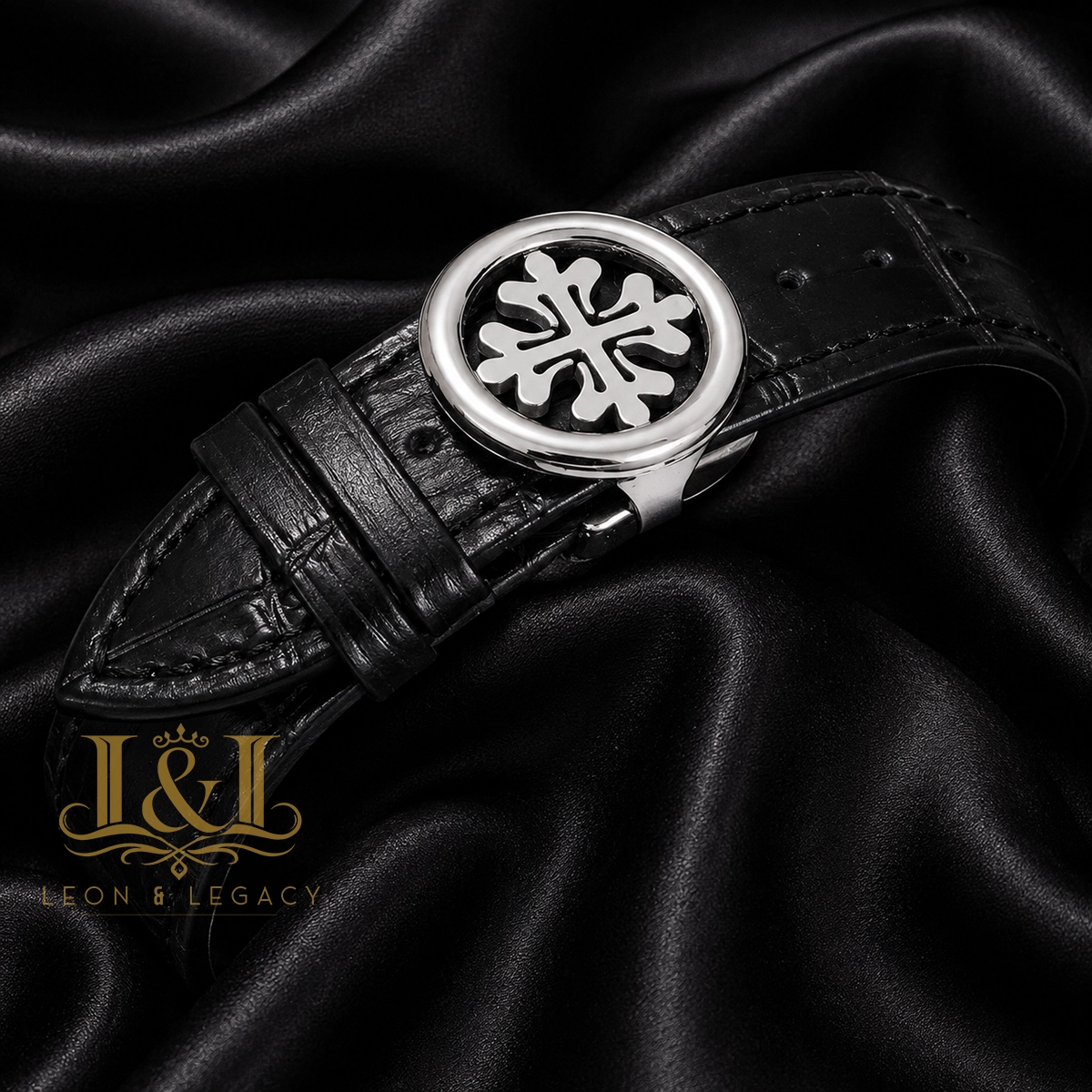 Tourbillon Silver Watch with Black Dial and Leather Strap