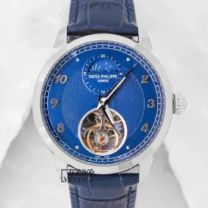 Tourbillon Silver Watch with Blue Dial and Leather Strap